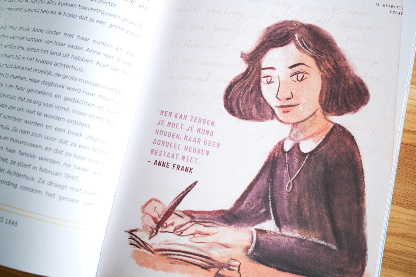 Illustration of Anne Frank, made by Pyhai for Bedtijdverhalen voor Rebelse Meisjes, the Dutch edition of Goodnight Stories for Rebel Girls.